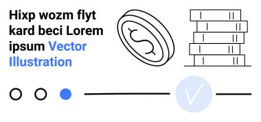 Dolar işareti, mesaj ve bozuk para yığını olan bozuk para. Çember işareti ve renkli çember. Finans, bankacılık, yatırım, tasarruf, mali teknoloji büyüme iniş sayfası için ideal
