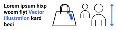 Mavi etiketli siyah alışveriş çantası, iki insan figürü, dikey ölçekli oklar. Perakende, e-ticaret, fiyatlandırma, müşteri hedefleme, ölçeklendirme kavramları, giysi sade iniş sayfası afişi için ideal