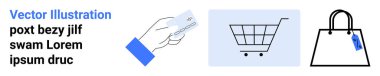 El ele tutuşma kartı, alışveriş arabası ve etiketli çanta satın alma sürecindeki adımları temsil ediyor. E-ticaret, perakende, ödeme sistemleri, alışveriş, pazarlama, web tasarımı düz iniş sayfası afişi için ideal