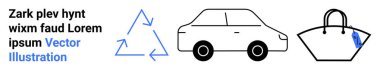 Geri dönüşüm üçgeni, araba ve el çantası çevre dostu uygulamaları ve yaşam tarzını temsil ediyor. Sürdürülebilirlik, geri dönüşüm, yeşil yaşam, bilinçli moda, ulaşım, marka eko-kampanyaları için ideal