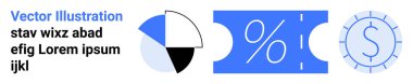 Geometrik pasta grafiği, yüzde sembolü, ve tasvir edilen dolar işareti finans, indirimler, tasarruflar, veri analizleri, iş büyümesi, yatırımlar ve ekonomik içgörü fikirlerini görselleştiriyor. İdeal
