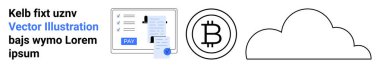 Ödeme detaylarıyla dizüstü bilgisayar ekranı, Bitcoin logosu, soyut çizgi tasarımında bulut sembolü. Fintech, e-ticaret, kripto para birimi, bulut depolama, engelleme zinciri, çevrimiçi ödeme teknolojisi akışı için ideal