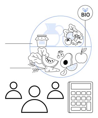 Organik meyve, sebze, kavanoz ve sürahi, hesap makinesi ve insan ikonlarının yanında dairesel bir çerçevede. Sürdürülebilirlik, sağlık, tarım, beslenme, takım çalışması analizi ve eko kavramları için ideal
