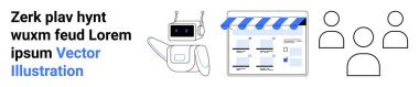Tentenin altında örnek metin eşliğinde bir web sitesi arayüzü gösteren jestli bir robot. Gözlemleyen üç kişi. Teknoloji iletişimi, satış, ecommerce, müşteri hizmetleri, online için ideal