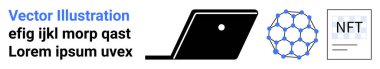Laptop silueti, engelleme ağı şeması ve NFT belge simgesi. Teknoloji, yenilik, engelleme zinciri, dijital ekonomi, gelecekteki trendler bağlantı için idealdir. Soyut çizgi düz metafor