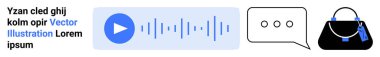 Dalga biçimli ses oynatma tuşu, mesajlaşma için konuşma balonu, zarif el çantası. Kullanıcı arayüzü, iletişim, perakende, e-ticaret, teknoloji, moda düz iniş sayfası afişi için ideal