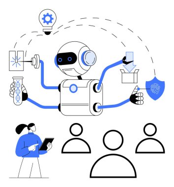 Yapay zeka robotu biyoteknoloji, otomasyon, veri güvenliği ve yenilik de dahil olmak üzere çoklu görev süreçlerini yönetiyor. Yapay zeka, otomasyon, bilim, yaratıcılık, güvenlik iş gücü soyut çizgisi için ideal