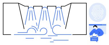 Baraj suyu, parmak izi sembolü ve dijital bir pencere içinde nakit geri ödeme işareti gösteren bir kişi. Teknoloji, güvenlik, çevre, finans ve dijital kavramlar için idealdir. Soyut biçim