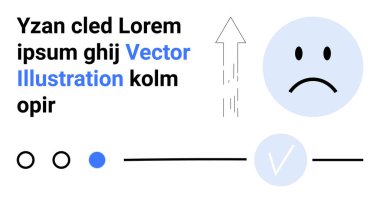Mavi daireli üzgün yüz, yukarı ok, yatay çizgi işaretli ve rastgele metin elemanları. Sunum grafikleri, ruh hali göstergeleri, UIUX tasarımı, kavramsal sanat, duygu takibi için ideal