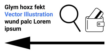 Büyüteç, kartlı cüzdan, büyük ok ve yer tutucu metin. Arama, finans, iş, yön bulma analizi ve organizasyon için ideal. İniş sayfası