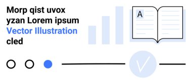 A harfli açık bir kitap, bar grafiği, üç tane seçilebilir daire, bir tanesi mavi, ilerleme çizgisi işaretli. Eğitim, veri analizi, ilerleme izleme, uygulama UI, öğrenme analitiği için ideal