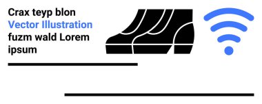 Siyah ayakkabı siluetleri mavi kablosuz sinyal dalgaları yakınındaki hareketi simgeler, teknoloji ve hareketliliği birleştirir. Bağlantı, yenilik, iletişim, seyahat, navigasyon ve teknolojik çözümler için ideal