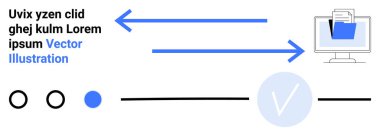 Metin ve dizin simgesi, kontrol işareti ve satırları olan bir bilgisayar arasındaki veri transferini gösteren iki mavi ok. Bulut bilgisayarı, dijital depolama, veri yönetimi, ağ iletişimi için ideal