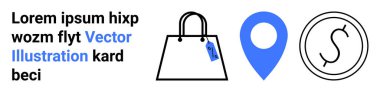 Fiyat etiketli alışveriş çantası, lokasyon iğnesi ve daire şeklinde para levhası. Perakende, e-ticaret, ödeme sistemleri, mağaza bulucu, alışveriş araçları, iş planlama düz iniş sayfası afişi için ideal