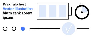Üç bölümlü soyut pil, bir kronometre ve bir işaret simgesi. Yanında lorem ipsum metin ve siyah-mavi basit geometrik şekiller var. Teknoloji, zaman yönetimi ve verimlilik için ideal