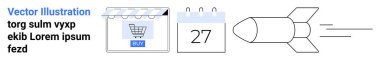 Alışveriş arabası mağazası önü, tarihli takvim, hız roketi. E-ticaret, teslim tarihleri, planlama, yenilik, dağıtım, çevrimiçi hizmetler sade iniş sayfası afişi için ideal
