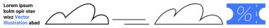 Yatay çizgili bulut tasarımları ve yüzde işareti olan mavi bir bilet. İndirim, promosyon, hava durumu temaları, pazarlama, tasarruf, minimal tasarımlar, soyut düz çizgi