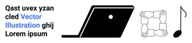 Laptop silueti, takım çalışmasını sembolize eden bir kare el ve yaratıcılığı gösteren bir nota. Takım çalışması, teknoloji, iletişim, öğrenme, işbirliği, müzik için ideal