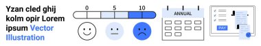 Mutlu yüzlü derecelendirme, yıllık etiketli takvim, ödeme düğmeli dijital belge. Geribildirim, zamanlama, finans, planlama, veri analizi, müşteri hizmetleri soyut çizgisi için ideal