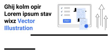 Kontrol listesi, makbuzu, ödeme düğmesi ve büyümeyi gösteren okları olan ekran. Ödeme sistemleri, e-ticaret, finans teknolojisi, üretkenlik, dijital onay süreci için ideal düz çizgi metaforu