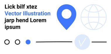 Harita işaretleyici simgesi mavi, navigasyon çizgisi, küresel simge, daireler, kontrol işareti. Kullanıcı arayüzü tasarımı, haritalar, navigasyon, konum hizmetleri web tasarımı küresel hizmetler iniş sayfası için ideal