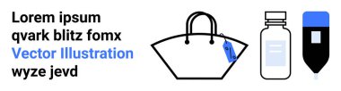 Etiketli el çantası, bir şişe ve elektronik damlalık. Alışveriş, sağlık, teknoloji, ilaç, modern canlı perakende ve ürün pazarlama için ideal. Düz iniş sayfası pankartı