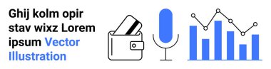 Kredi kartı, mikrofon, çizgili bar grafiği işlemleri, diyalogları, analizleri vurguluyor. Finans, fintech, ödemeler, iş pazarlama veri analizi iniş sayfası için ideal