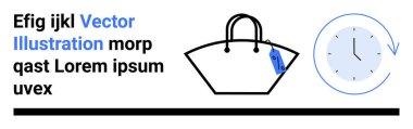Saati gösteren mavi etiketli bir alışveriş çantasının minimalist tasarımı. Perakende, satış, promosyon, e-ticaret, alışveriş etkinlikleri, program ve pazarlama kampanyaları için ideal