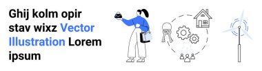 Veri elemanı tutan kadın, konut sembolleri, rüzgar enerjisi, dişliler ve takım çalışması. Analiz, teknoloji, yenilenebilir enerji, akıllı yaşam yeniliği takım çalışması düz iniş sayfası için ideal