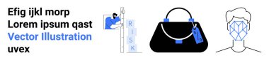 İşçi risk merdivenine tırmanıyor, etiketli lüks el çantası ve tanınmak için geometrik yüz şekli. Risk değerlendirmesi, güvenlik, perakende, teknoloji, veri, kimlik düz iniş sayfası afişi için ideal
