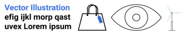 Etiketli minimalist alışveriş çantası, stilize göz sembolü ve rüzgar türbini. Sürdürülebilirlik, vizyon, e-ticaret, alışveriş, yenilenebilir enerji, çevre bilinci veya düz iniş sayfası afişi için ideal