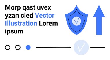 Kalkan, ok, metin, daireler ve mavi ve siyah çizgilerle soyut grafik. Teknoloji, güvenlik, seyrüsefer, iş pazarlaması ve internet temaları için ideal. İniş