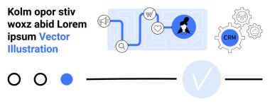 Diyagramlar, ekipmanlar ve ikonlar arama, alışveriş ve kalbi temsil ediyor. İş kadını profili, CRM metni. İşlem haritalama, CRM sistemleri, dijital pazarlama iş stratejisi benimsenmesi için ideal
