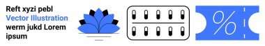 Yüzdelik işaretli bilet, sıra sıra hap kapsülleri, mavi çiçekli taç yaprakları. Sağlık, sağlık, eczane, indirimler, sağlık ürünleri, tasarruf ve bütünsel bakım hattı için ideal