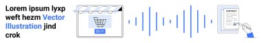 El arabası, dijital iletişim dalgaları ve güvenli belge imzası olan bir e-ticaret mağazası. Çevrimiçi alışveriş, ödeme, güvenlik, dijital sistemler, e-ticaret, sözleşmeler düz iniş sayfası afişi için ideal