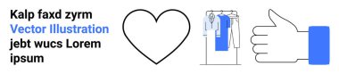 Kalp ikonu, askıda asılı duran kıyafetler, ve metinli bir ikon. Moda, sosyal medya, online alışveriş, onay oranları, dijital içerik pazarlaması için ideal. İniş sayfası