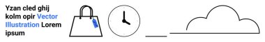 Saatin yanında etiket ve bulut çizgisi olan bir alışveriş çantası. Tarafsız stil, perakende satış için ideal, zaman yönetimi, hava durumu uygulamaları, bulut hizmetleri, e-ticaret, markalaşma, minimalist grafikler düz iniş sayfası