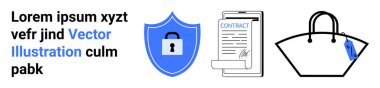 Kilit sembolü, yasal belge ve güvenlik, sözleşmeler, alışveriş ve iş korumasını gösteren el çantası olan bir kalkan. Siber güvenlik, ecommerce, yasal anlaşmalar gizlilik alışverişi için ideal