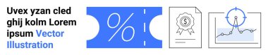 Yüzdelik işaretli bilet, ödül sertifikası simgesi ve çizgi grafikli analitik çizelgesi. Ticari promosyonlar, eğitim, mali büyüme, başarılar, öğrenme ve soyut pazarlama için ideal