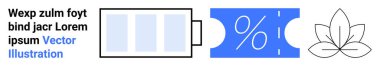 Şarj seviyeli pil, yüzde ikonlu indirimli bilet ve minimalist lotus sembolü. Enerji kullanımı, indirimler, refah, sürdürülebilirlik, yaşam tarzı, farkındalık soyut çizgi için ideal