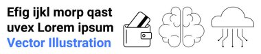 Üç ana sembol bir cüzdan içinde kartlar, bir beyin ve devrelere bağlı bir bulut. Finans, teknoloji, yapay zeka, bulut hesaplama, siber güvenlik çevrimiçi hizmetler dijital yenilik için idealdir. İniş