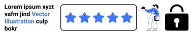 Beş mavi yıldız müşteri değerlendirmelerini ön plana çıkarıyor, elinde bir cihaz olan bir geri bildirimi analiz eden kişi ve veri korumasını sembolize eden bir kilit. Geri besleme sistemleri, teknoloji, e-ticaret güveni ve kullanıcı için ideal