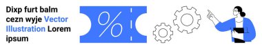 Yüzde işareti olan kuponlar, işlem optimizasyonu için vitesler, rehberlik için işaret eden kadınlar. Pazarlama, analitik, iş dünyası, takım çalışması için idealdir. Strateji müşteri ilişkileri için indirim sağlar. Soyut satır düzlüğü