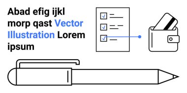 Kalem, işaretli kutular, kartlı cüzdan ve mavi-siyah yer tutucu metni. Üretim, planlama, organizasyon, finans yönetimi, ofis araçları iş akışı dijital için ideal