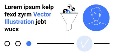Kullanıcı profili simgesi, huni filtreleme verileri, işaretleme simgesi ve soyut formlar. Veri yönetimi, kullanıcı analitiği, bilgi işleme, kullanıcı deneyimi tasarımı, pazarlama doğrulaması için ideal