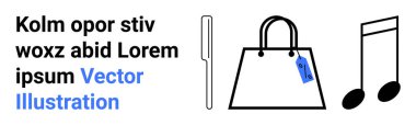 Kalem, etiketli alışveriş çantası ve müzikal nota tasarımı. Yaratıcılık, alışveriş, müzik, minimalizm, reklamcılık, promosyonlar için ideal düz iniş sayfası afişi