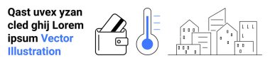 Kredi kartlı cüzdan, ısı göstergeli mavi termometre ve minimalist binalardan oluşan bir şehir manzarası. Finans, sağlık, kentleşme, teknoloji, modern yaşam, dijital ekonomi için ideal
