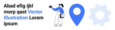Veri nesnesine sahip kadın karakter, mavi lokasyon iğnesi ve seyrüsefer, iş akışı ve teknolojiyi sembolize eden vites ögesi. İş için ideal, harita entegrasyonu, süreç, yenilik analizi takım çalışması