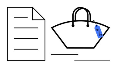 Belgelerin yanında fiyat etiketi olan bir alışveriş torbası. Perakende, pazarlama, satış, iş, fiyatlandırma stratejileri, ürün promosyonları, alışveriş için ideal. Siyah beyaz ve mavi renkler soyut çizgi