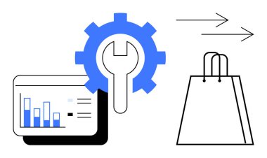 Üzerinde grafikler, mavi dişliler, anahtar, alışveriş çantası ve oklar olan analitik gösterge paneli. E-ticaret anlayışları, analitik araçlar, çevrimiçi alışveriş, perakende çözümler, teknoloji hizmetleri pazar eğilimleri için ideal